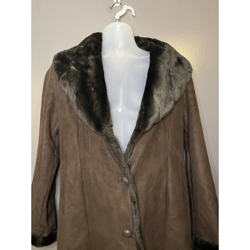 Marvin Richards Coat Womens Medium Brown Faux Suede Fur Trim Lined Button Front
